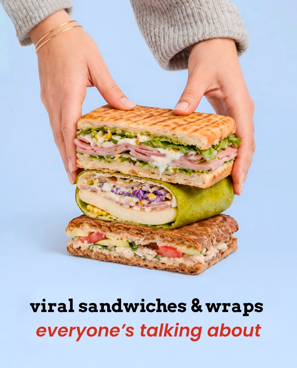 Hands holding a stacked sandwich, wrap, and sandwich over text about viral sandwiches and wraps.