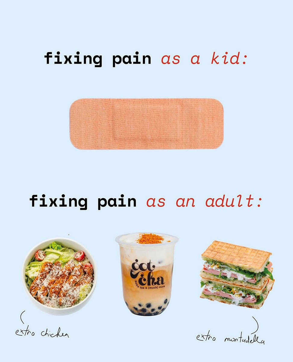 Comparison of pain relief: a bandage for kids and a meal with chicken, boba tea, and sandwich for adults.