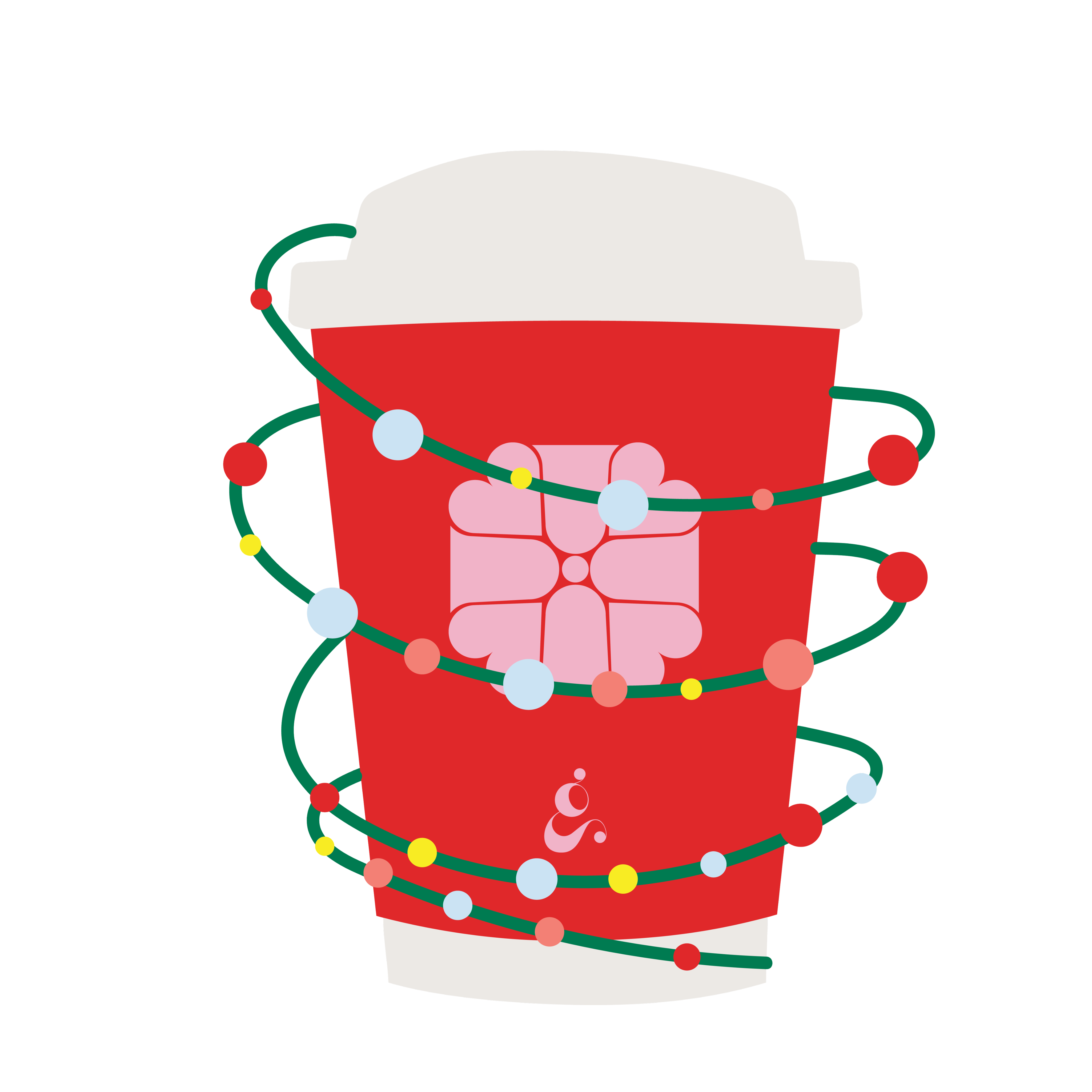 Red coffee cup with white lid wrapped in green holiday lights with colorful bulbs and a flower design.