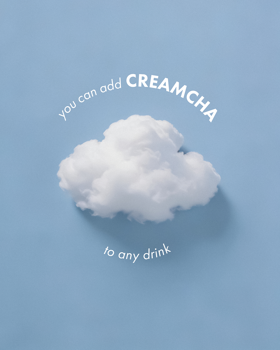 Fluffy white cloud casting shadow on blue background with text: you can add CREAMCHA to any drink.