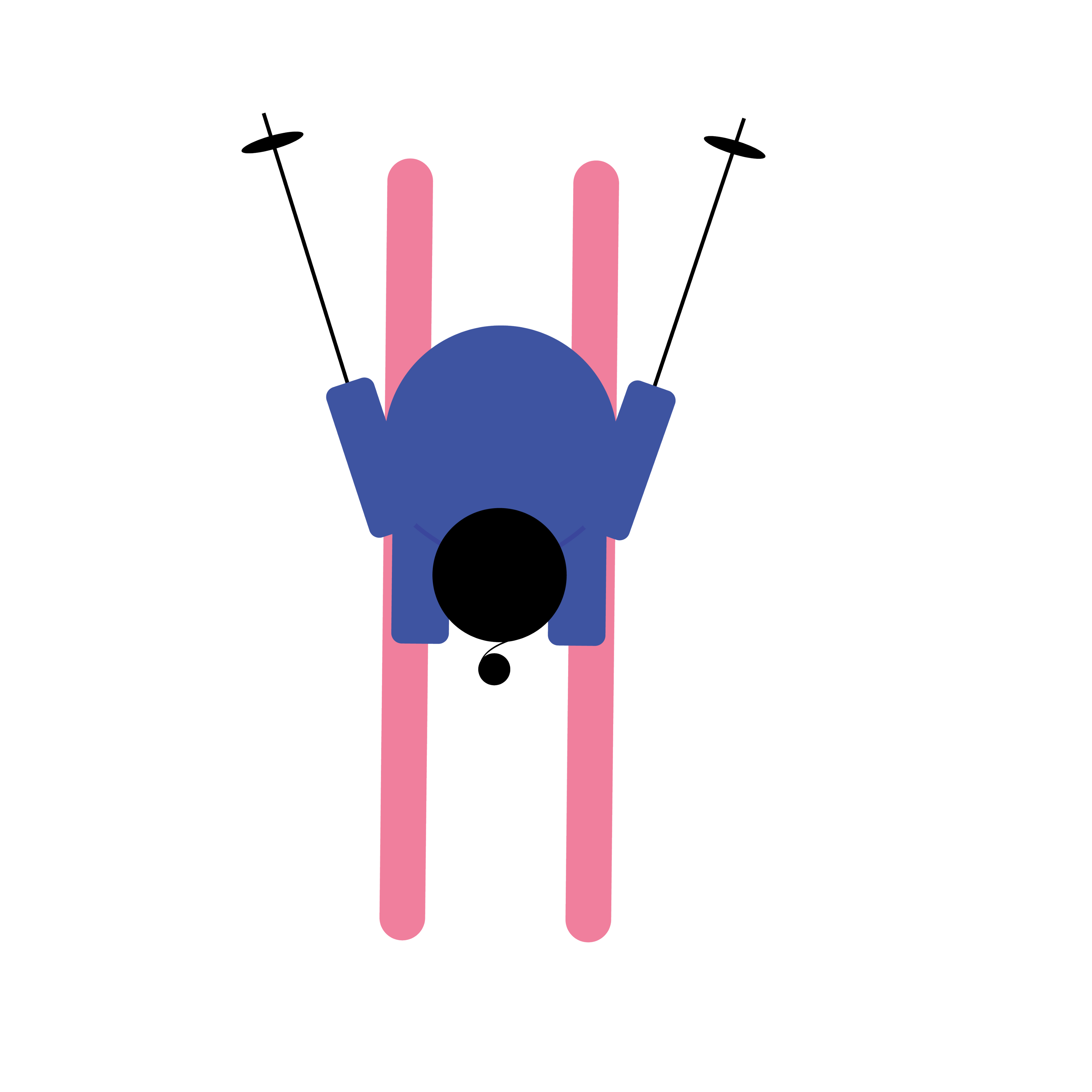 Top view of a person skiing with pink skis and blue jacket holding ski poles.
