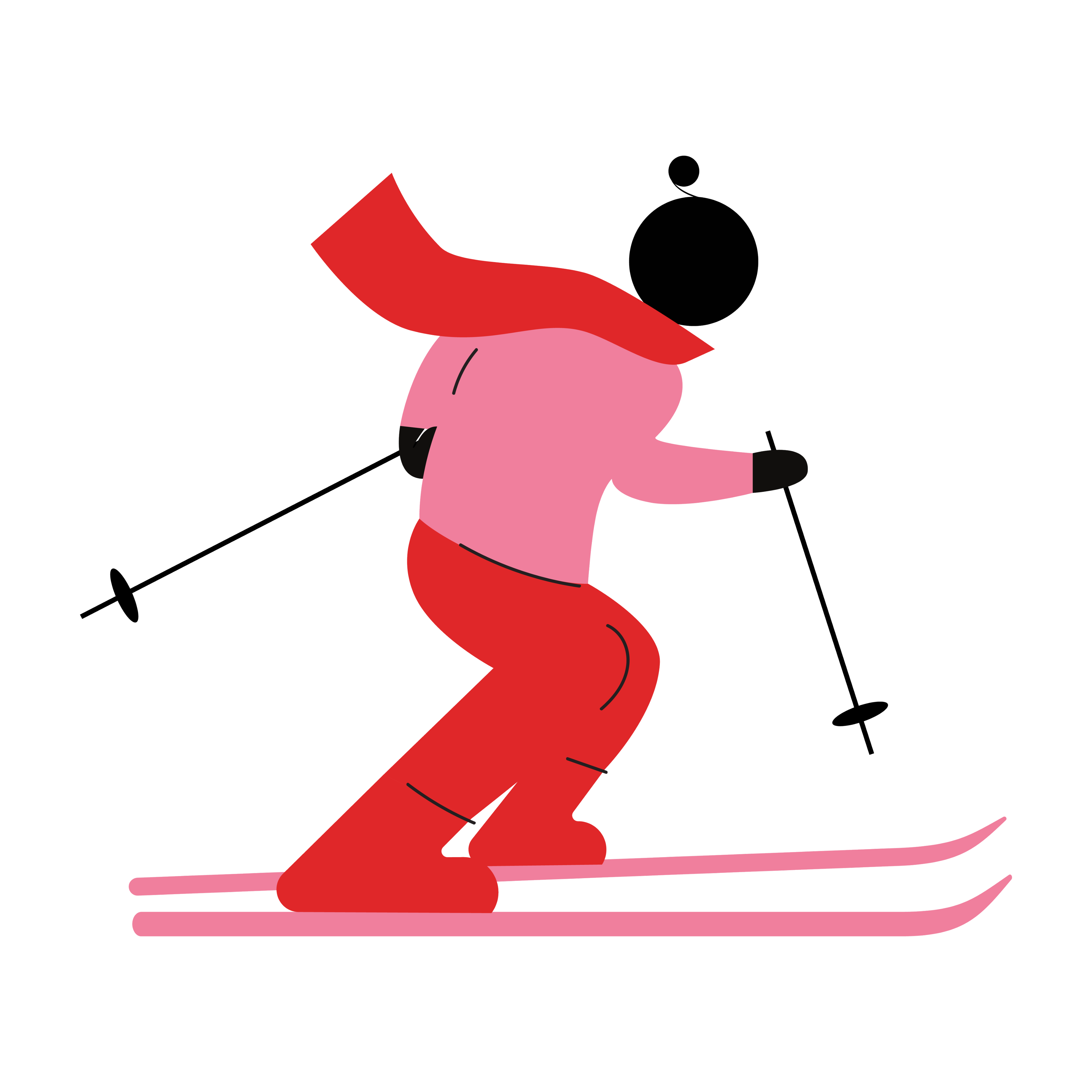 Minimalist illustration of a skier in pink and red with ski poles and skis.