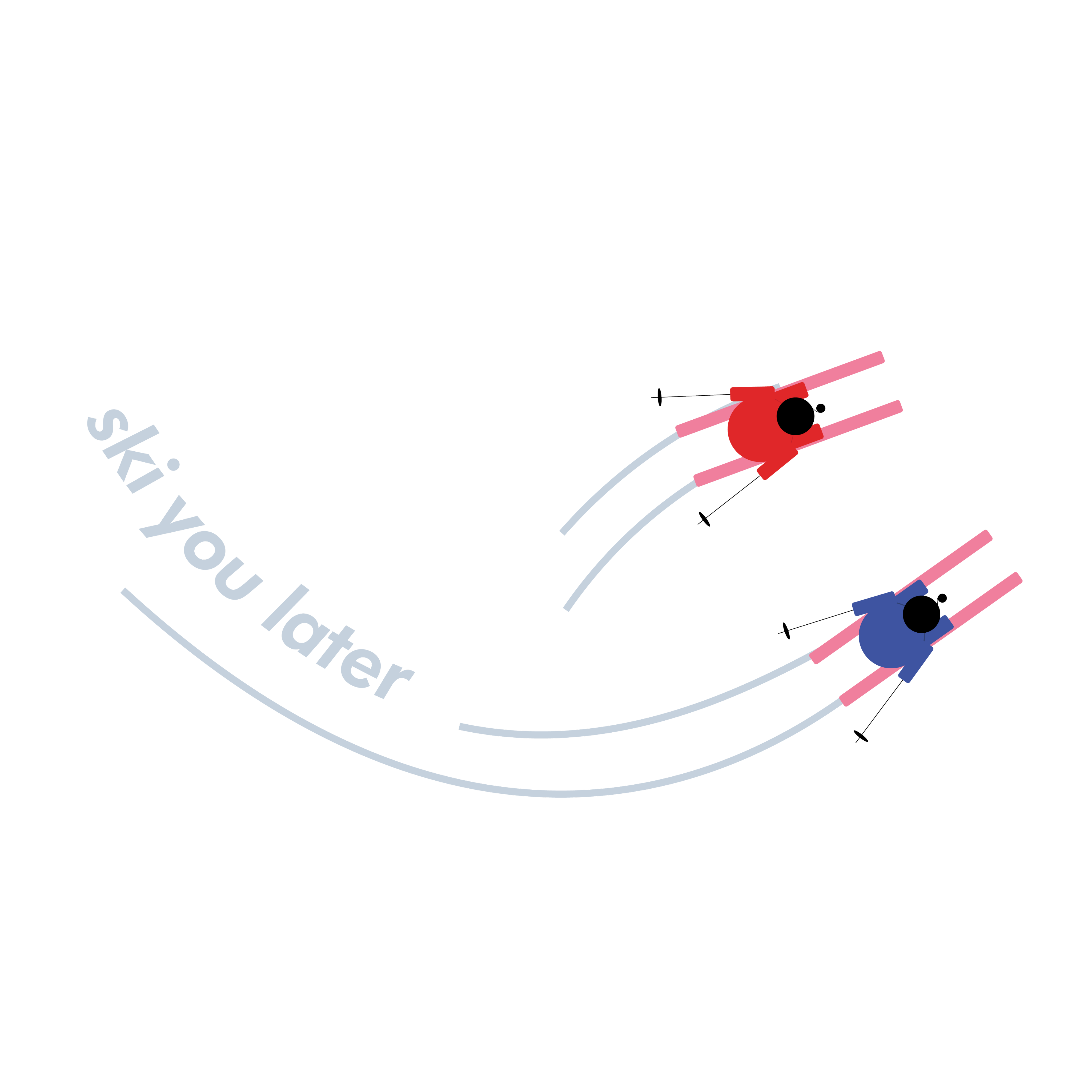 Two skiers, one in red and one in blue, skiing down a slope with curves and ski trails.