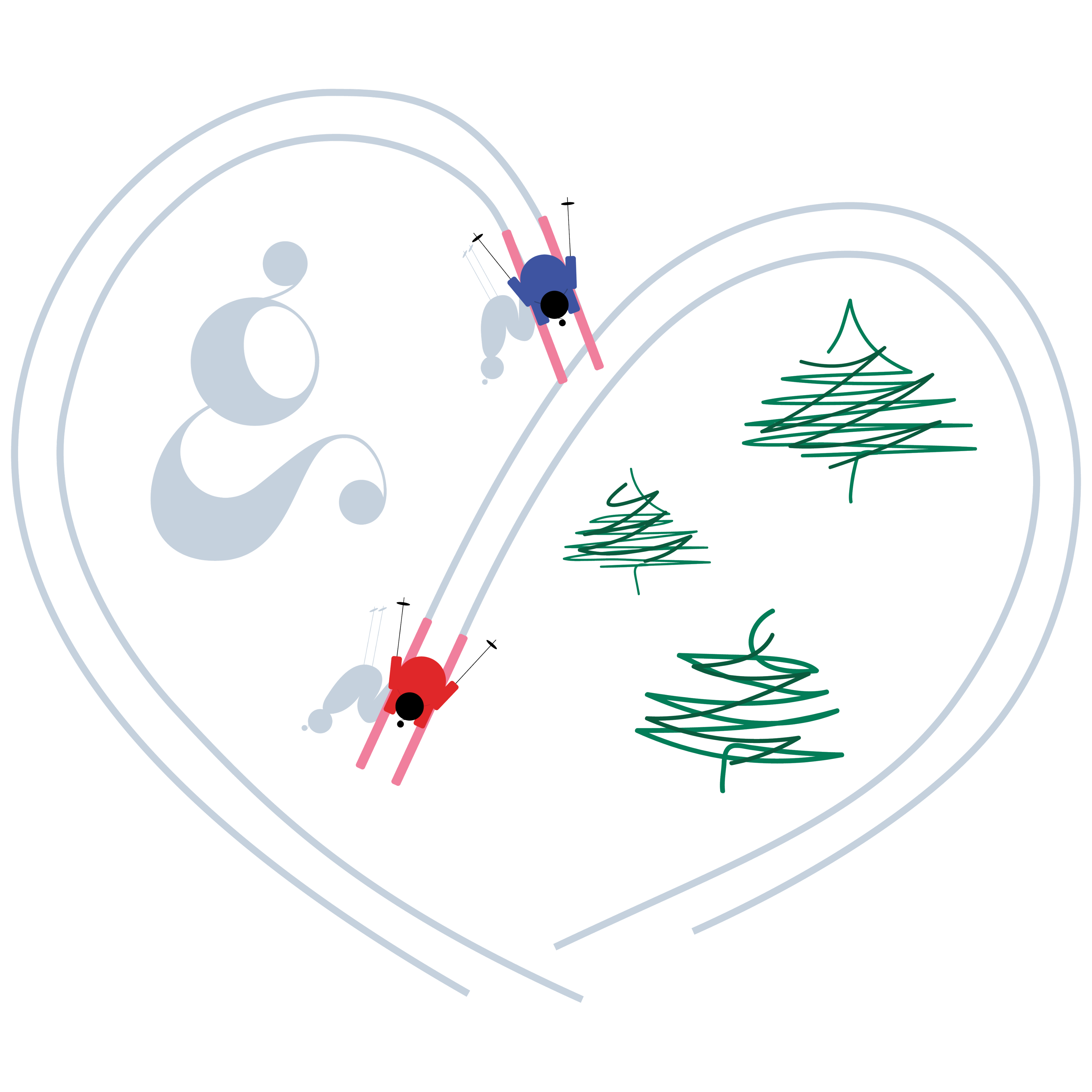 Two skiers in red and blue go down parallel ski tracks shaped like a heart with green pine trees.