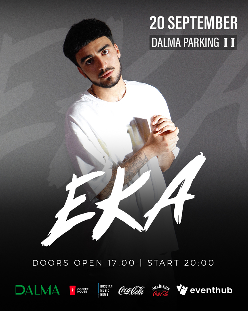 Poster of musician Eka in white shirt, event on 20 September at Dalma Parking with doors open at 17:00.