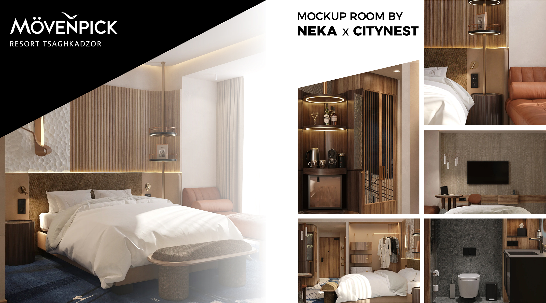 Modern hotel room with bed, lounge chair, minibar, TV, closet, and bathroom, in neutral tones.