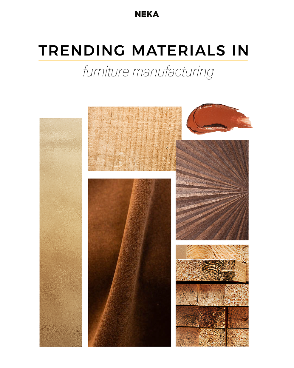 Collage of trending furniture materials: leather, wood textures, brown fabric, and paint swatch.