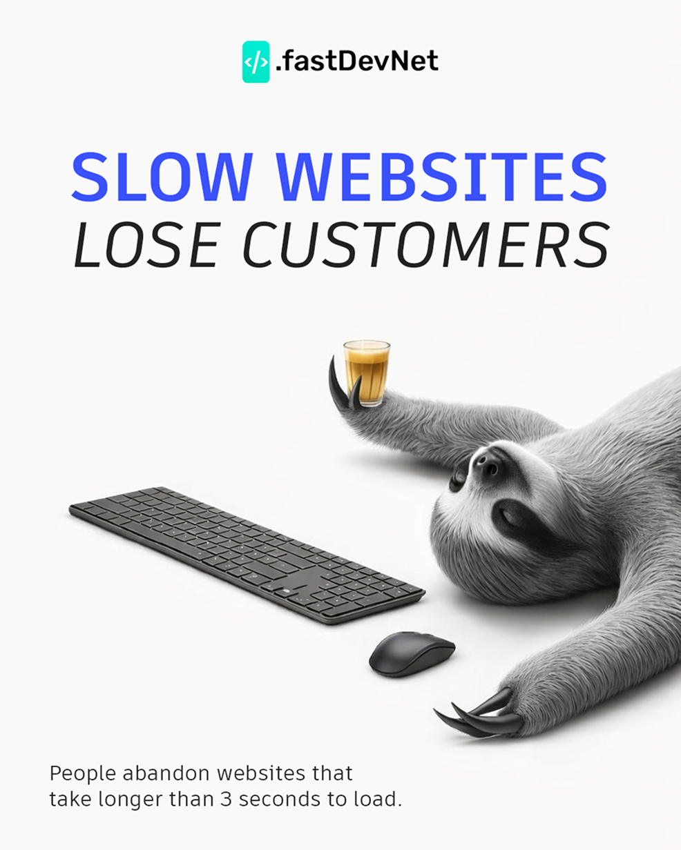 Sloth lying beside keyboard and mouse holding a coffee with text about slow websites losing customers.