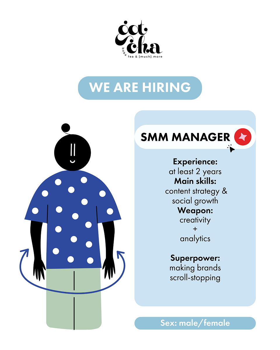 Hiring post for SMM Manager with 2+ years experience, skills in strategy, growth, creativity, and analytics.
