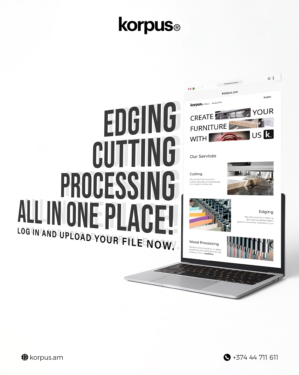 Laptop displaying a website offering edging, cutting, and wood processing services all in one place.