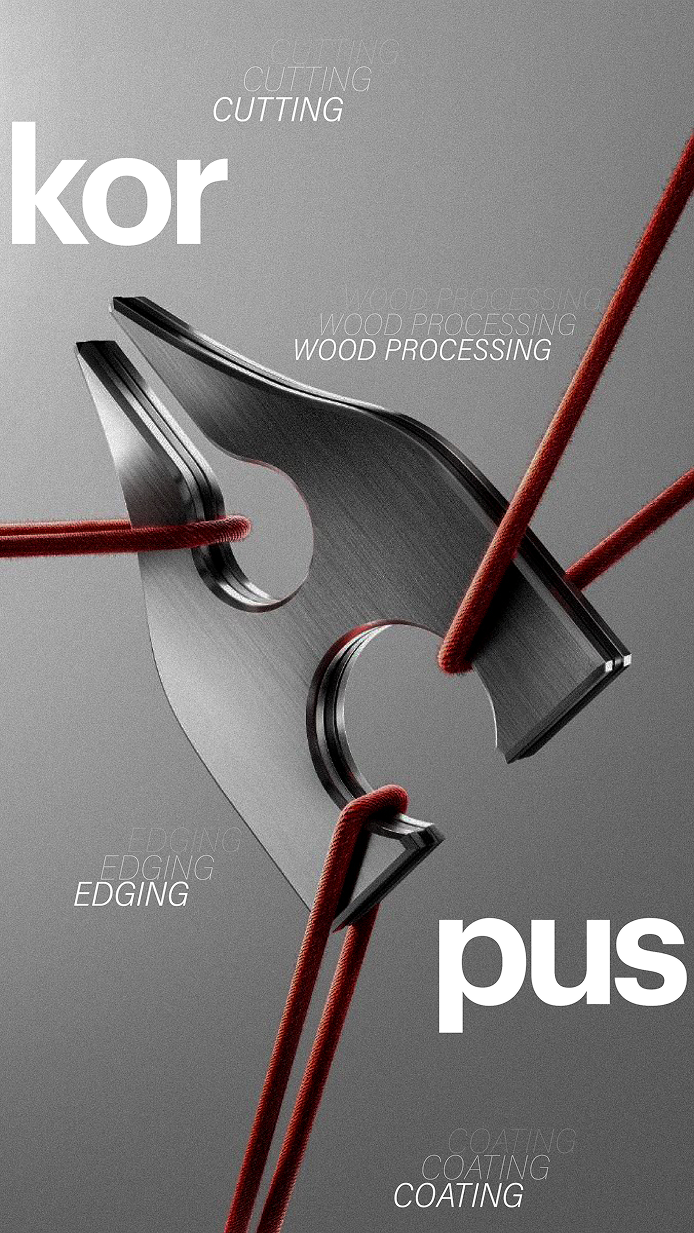 Sharp metal blade held by red cords on gray background with words cutting, wood processing, edging, coating.