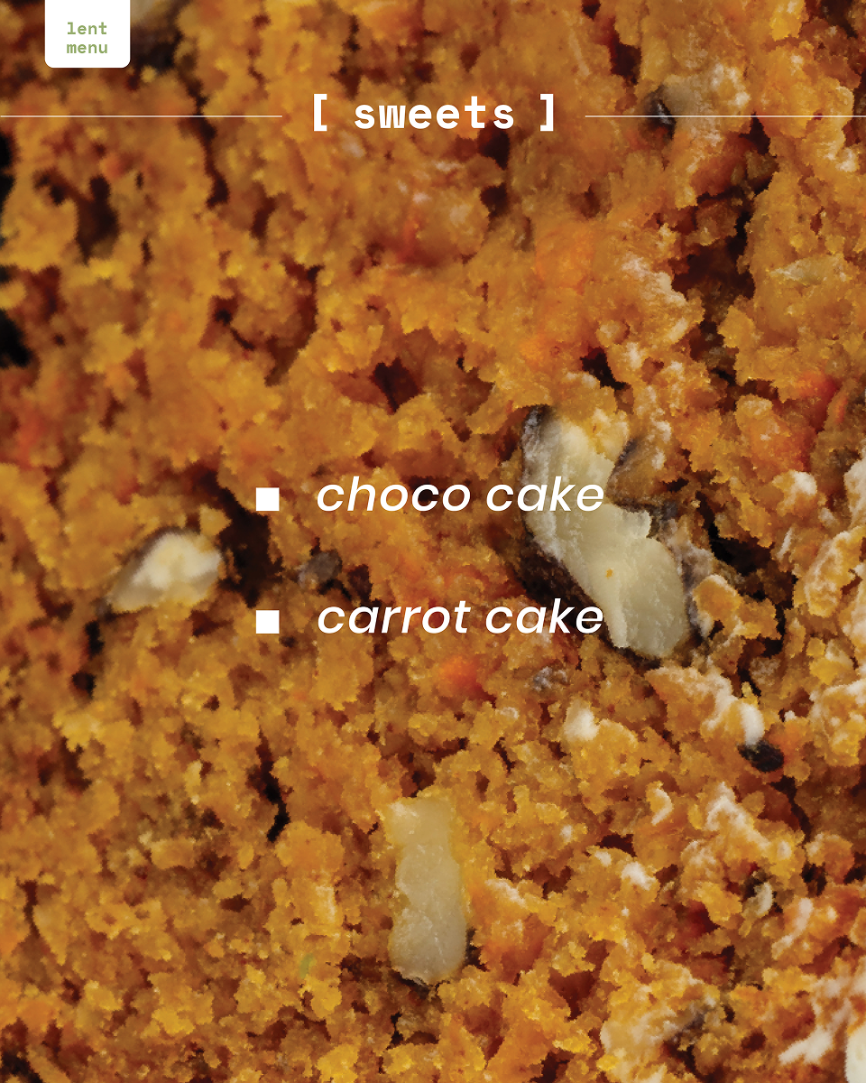 Close-up of moist carrot cake crumb with visible walnuts and menu text for sweets options.