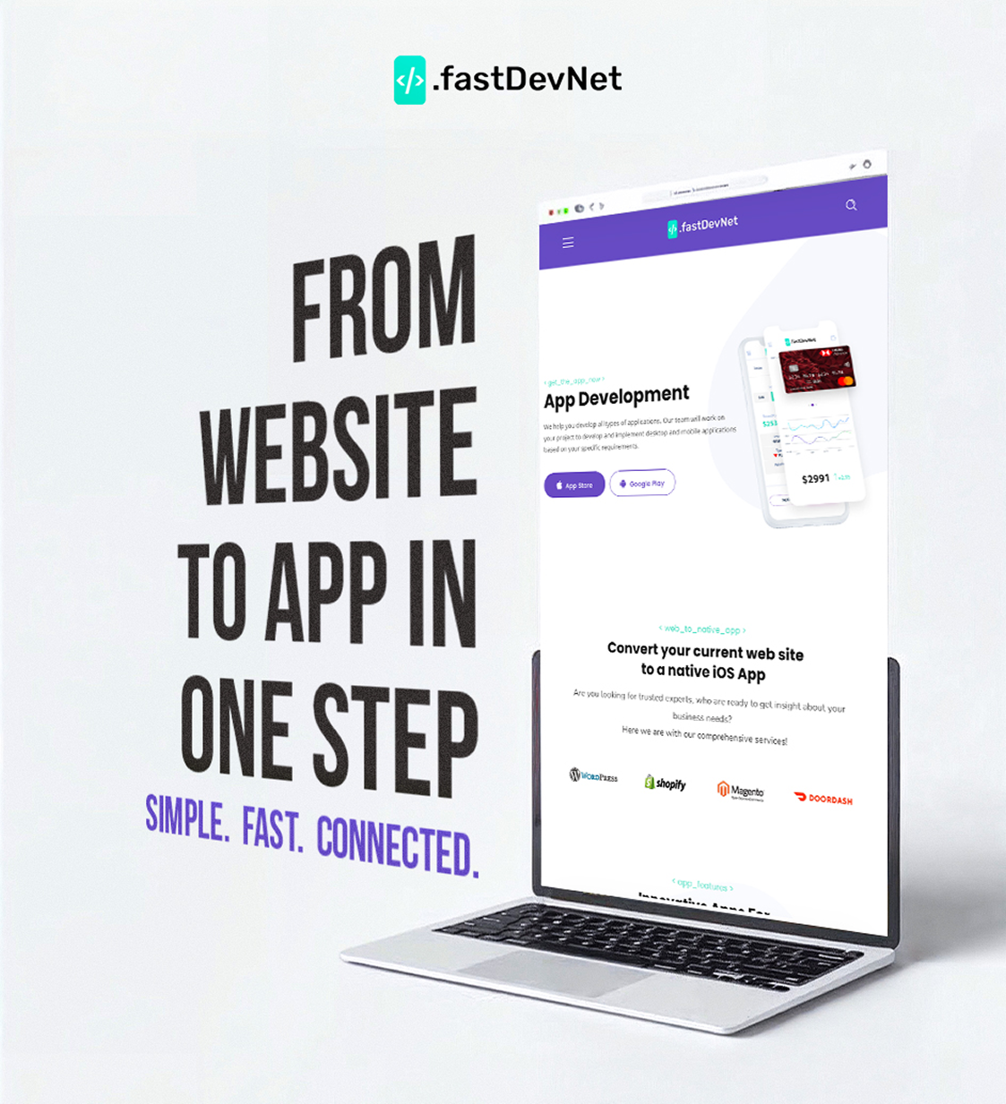Laptop showing fastDevNet app development page with text From website to app in one step.