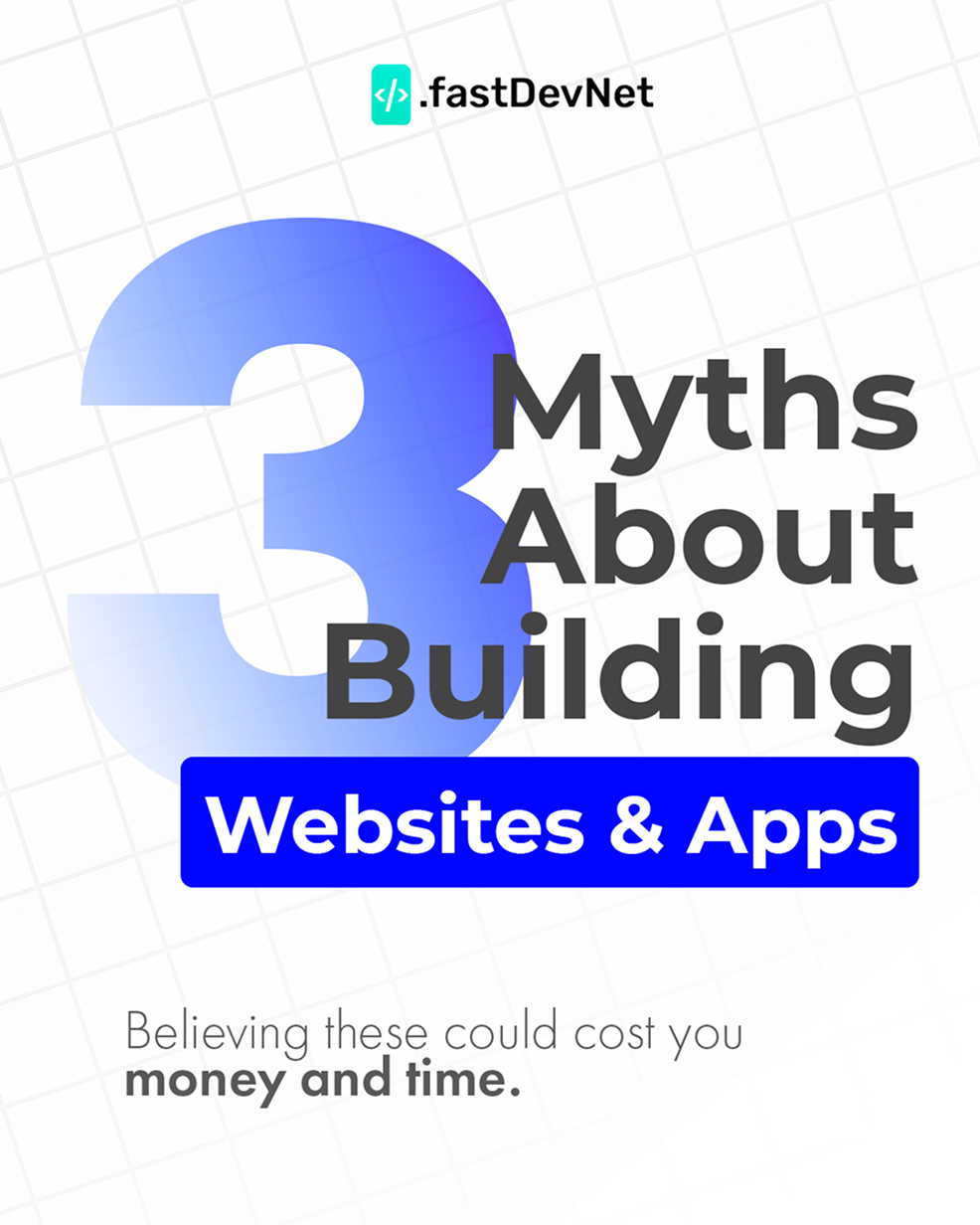Graphic titled '3 Myths About Building Websites & Apps' with a note on money and time cost.