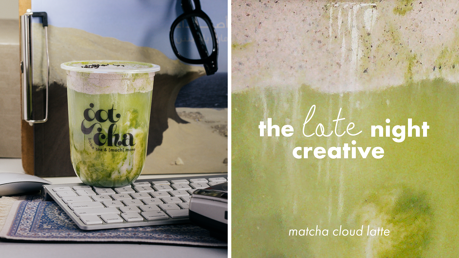 Matcha cloud latte in a plastic cup on a keyboard with glasses and mouse nearby.