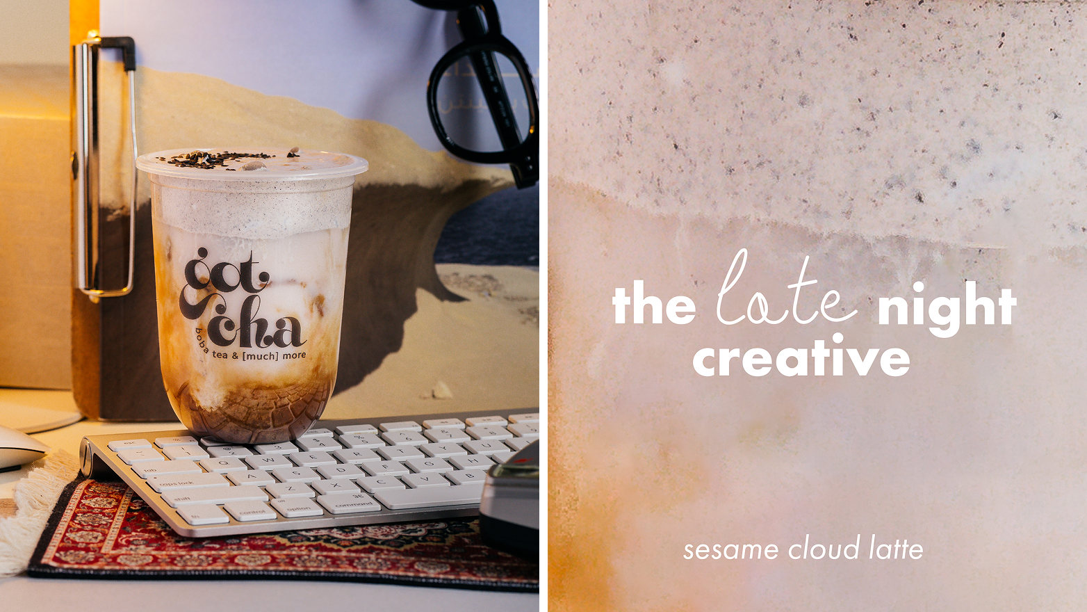 A sesame cloud latte from Got Cha placed on a keyboard with text 'the late night creative'.