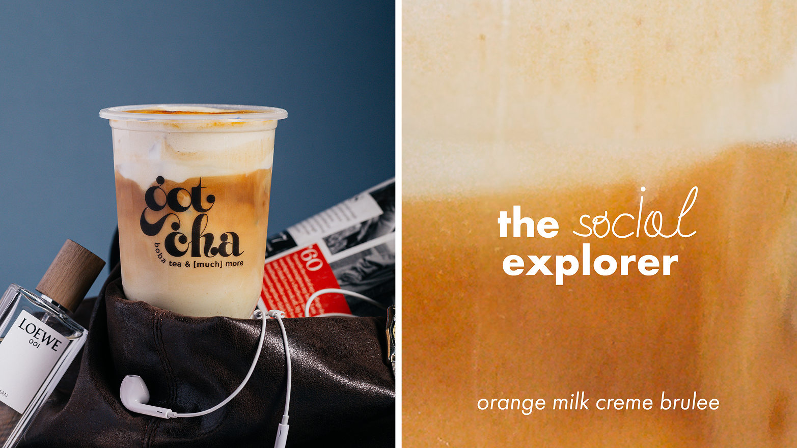 Boba tea drink in plastic cup reading oct cha on leather surface with perfume and earphones.
