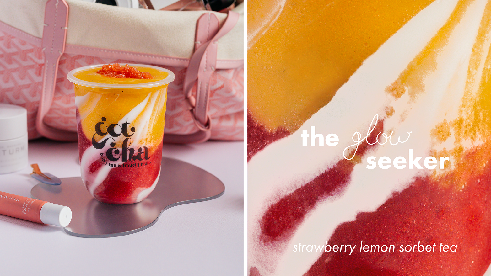 Cup of strawberry lemon sorbet tea with pink bag, lip balm, and cream in background.
